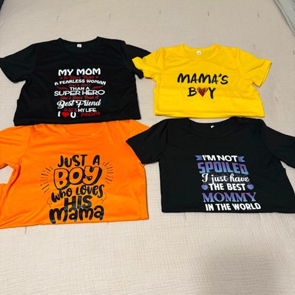 NWOT Four Amazon Kid's Black, Yellow, and Orange Quote T-Shirts, Size 7-8Y